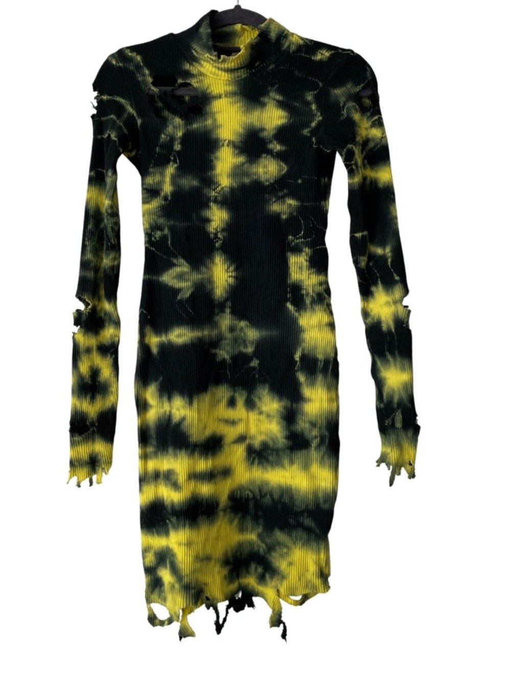 Kiki Riki Distressed Tie-Dye Ribbed Mock Neck Long Sleeve Dress, Yellow Black, S
